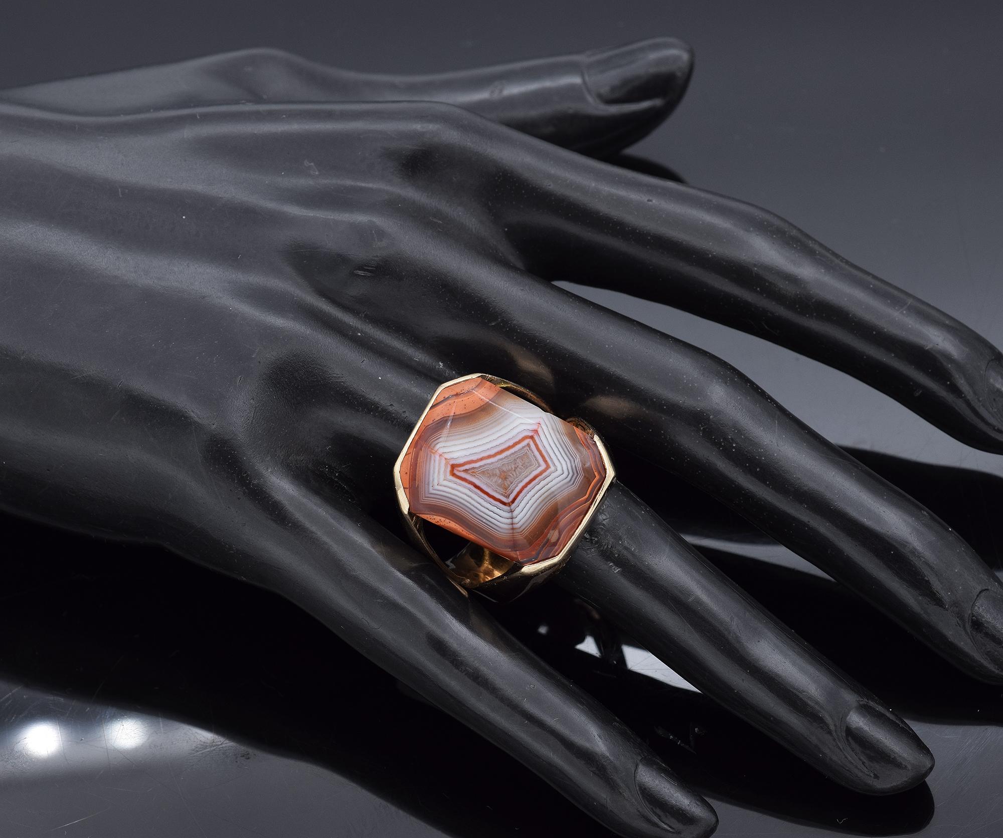 Vintage 13.47 Ct Lake Superior Agate Yellow Gold Cocktail Ring Size 12.25 1
