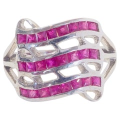 Vintage 1.34ct Squared Ruby 3 Channel Row Sterling Silver Wide Split Shank Ring