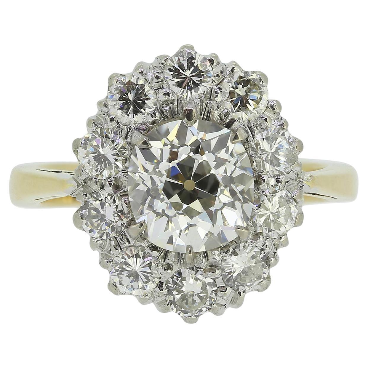 Anillo en racimo de diamantes talla antigua vintage de 1.35 quilates