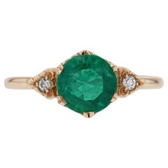 Vintage 1.35 Carat Round Emerald And Yellow Gold Trilogy Engagement Ring