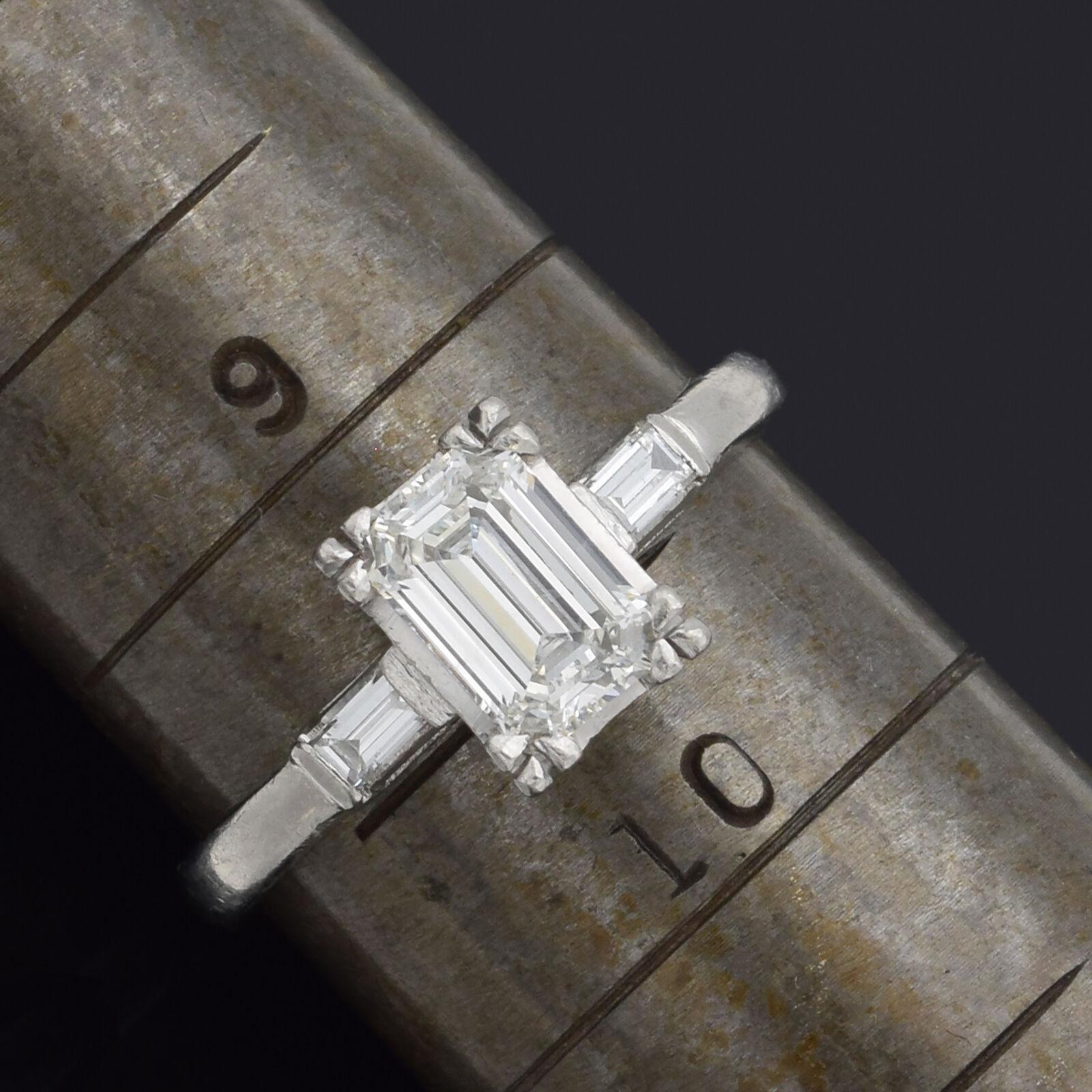 Baguette Cut Vintage 1.35 TCW Diamond Platinum Baguette Three-Stone Band Ring For Sale