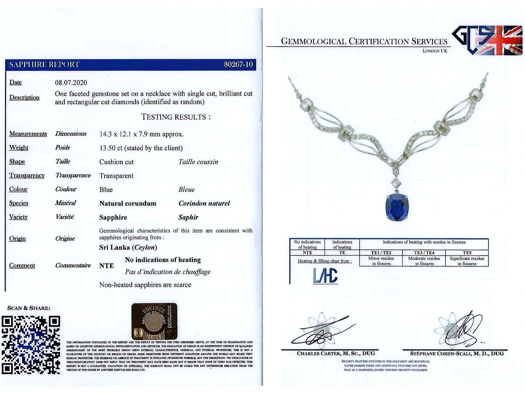 Vintage 13.50 Carat Ceylon Sapphire and 3.27 Carat Diamond Platinum Necklace For Sale 4