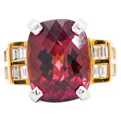 Vintage 13.50 Carat GIA Purplish-Pink Tourmaline and Diamond 18K & Platinum Ring