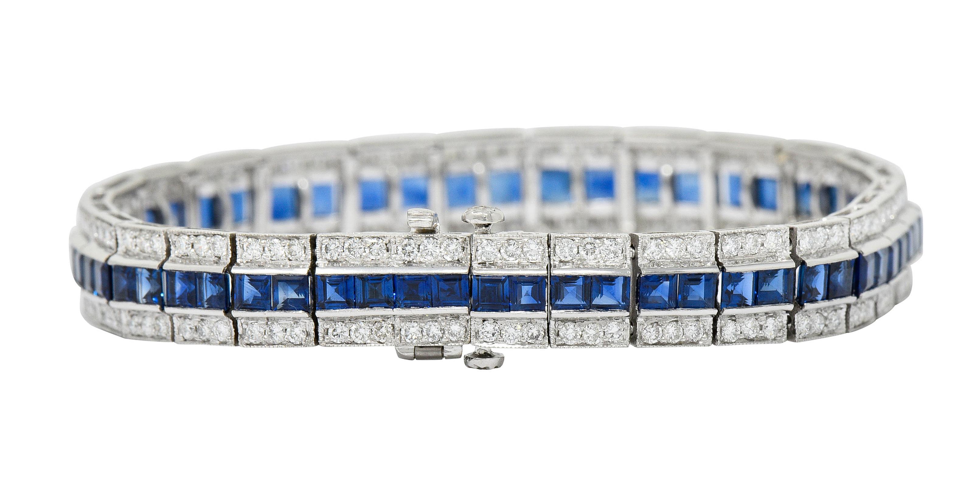 Vintage 13.55 CTW Sapphire Diamond Platinum Line Bracelet In Excellent Condition In Philadelphia, PA