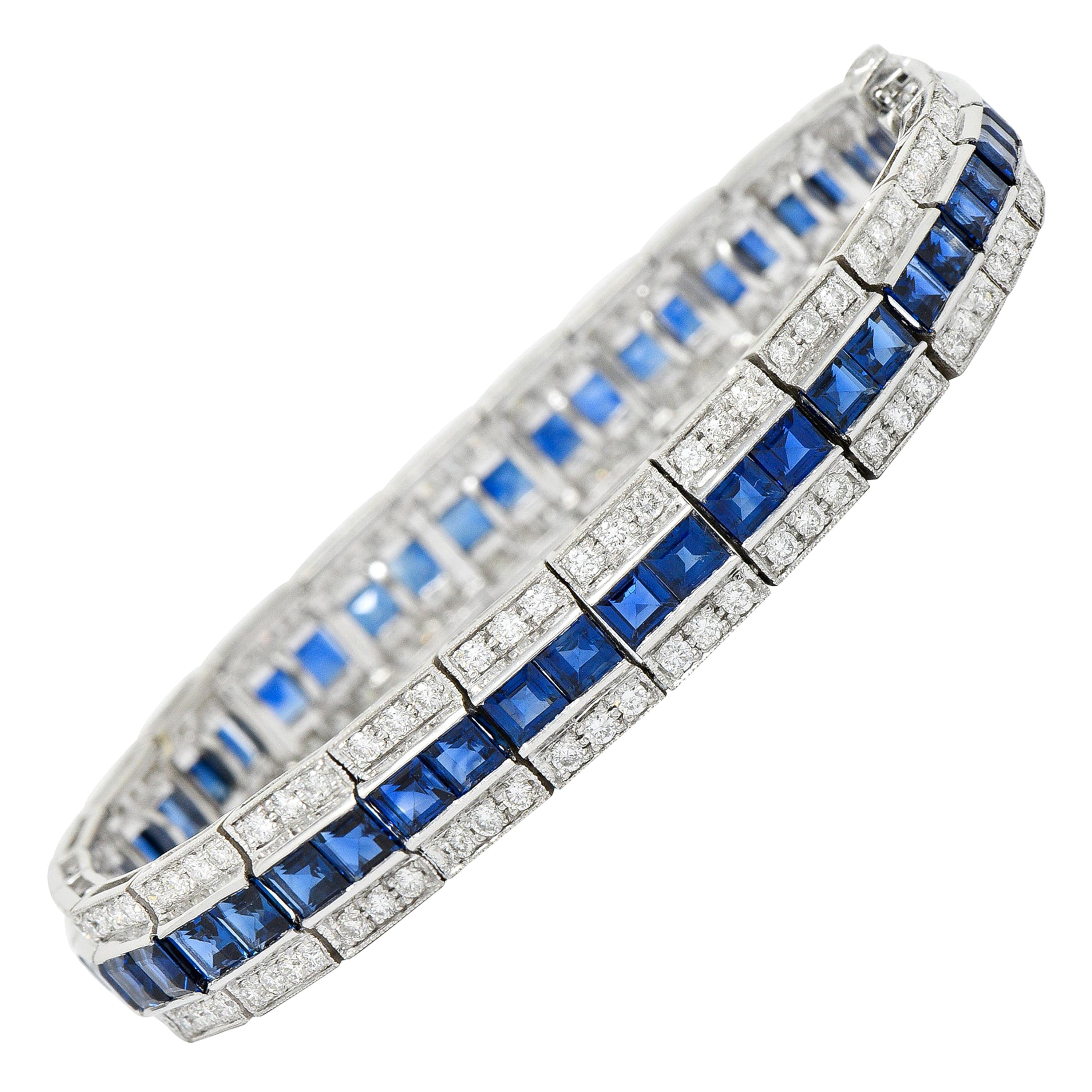 Vintage 13.55 CTW Sapphire Diamond Platinum Line Bracelet