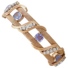 Vintage 13.56 Carat Ceylon Sapphire and 2.82 Carat Diamond Yellow Gold Bracelet