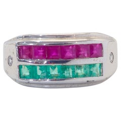 Vintage 1.35ct Squared Ruby & Emerald & Quartz Channel Band Sterling Silver Ring