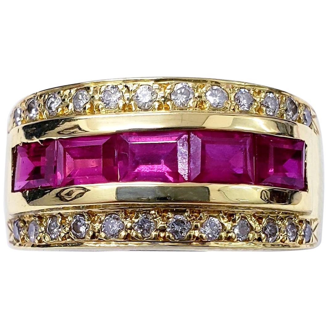 Bague jonc vintage en diamants et rubis de 1,36 carat