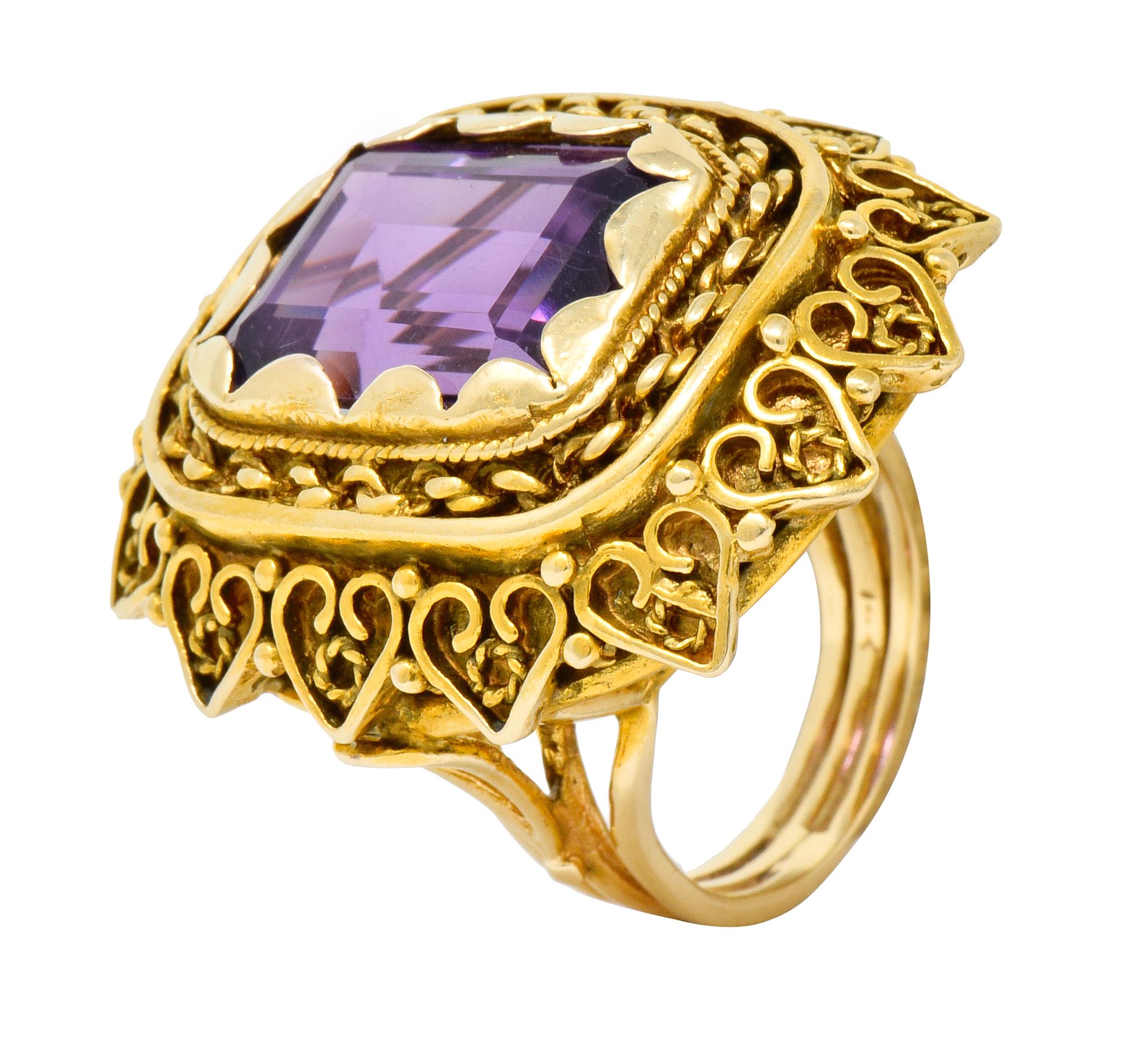 Vintage 13.64 Carat Emerald Cut Amethyst 14 Karat Gold Cocktail Ring 5