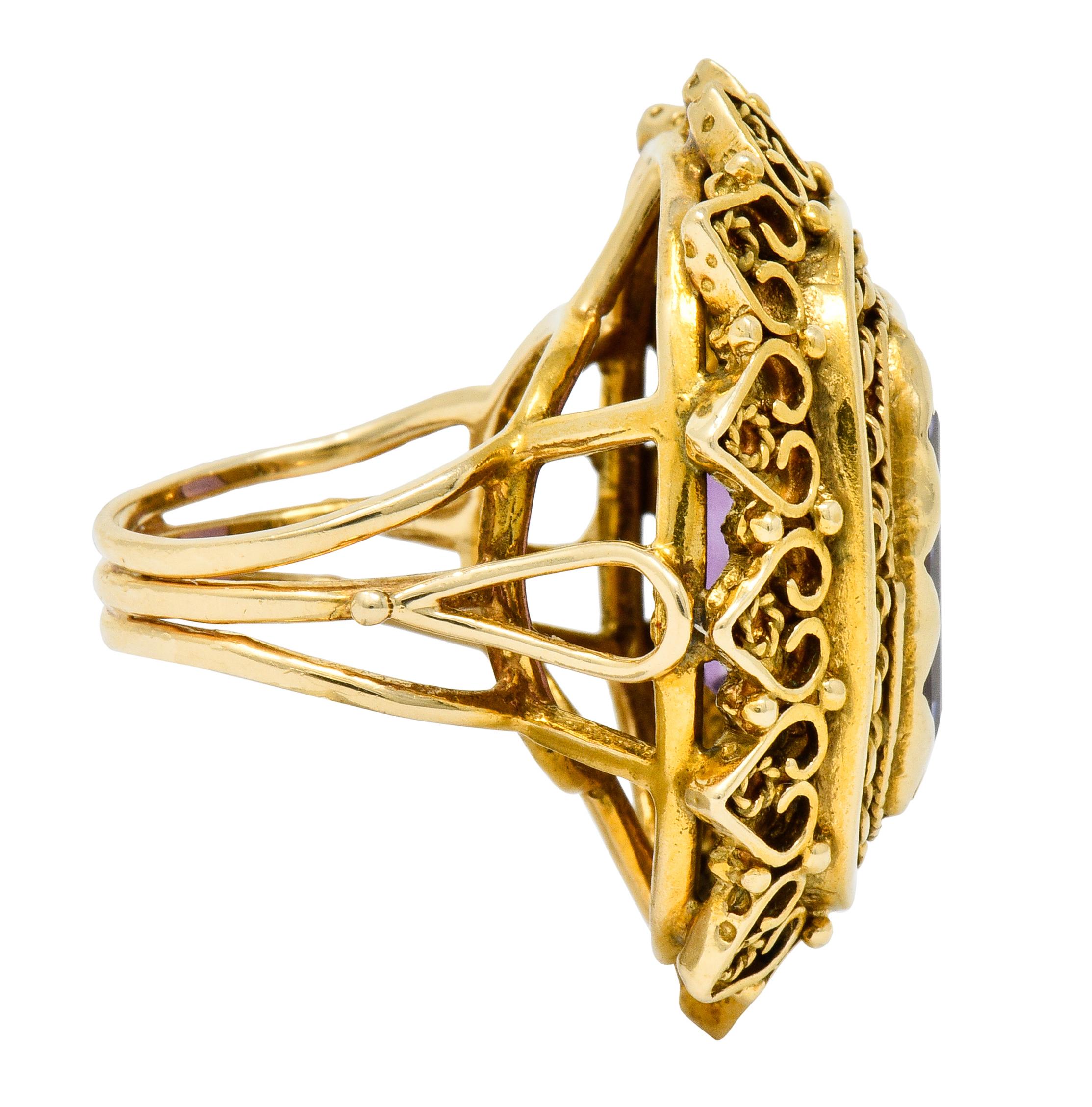 Contemporary Vintage 13.64 Carat Emerald Cut Amethyst 14 Karat Gold Cocktail Ring