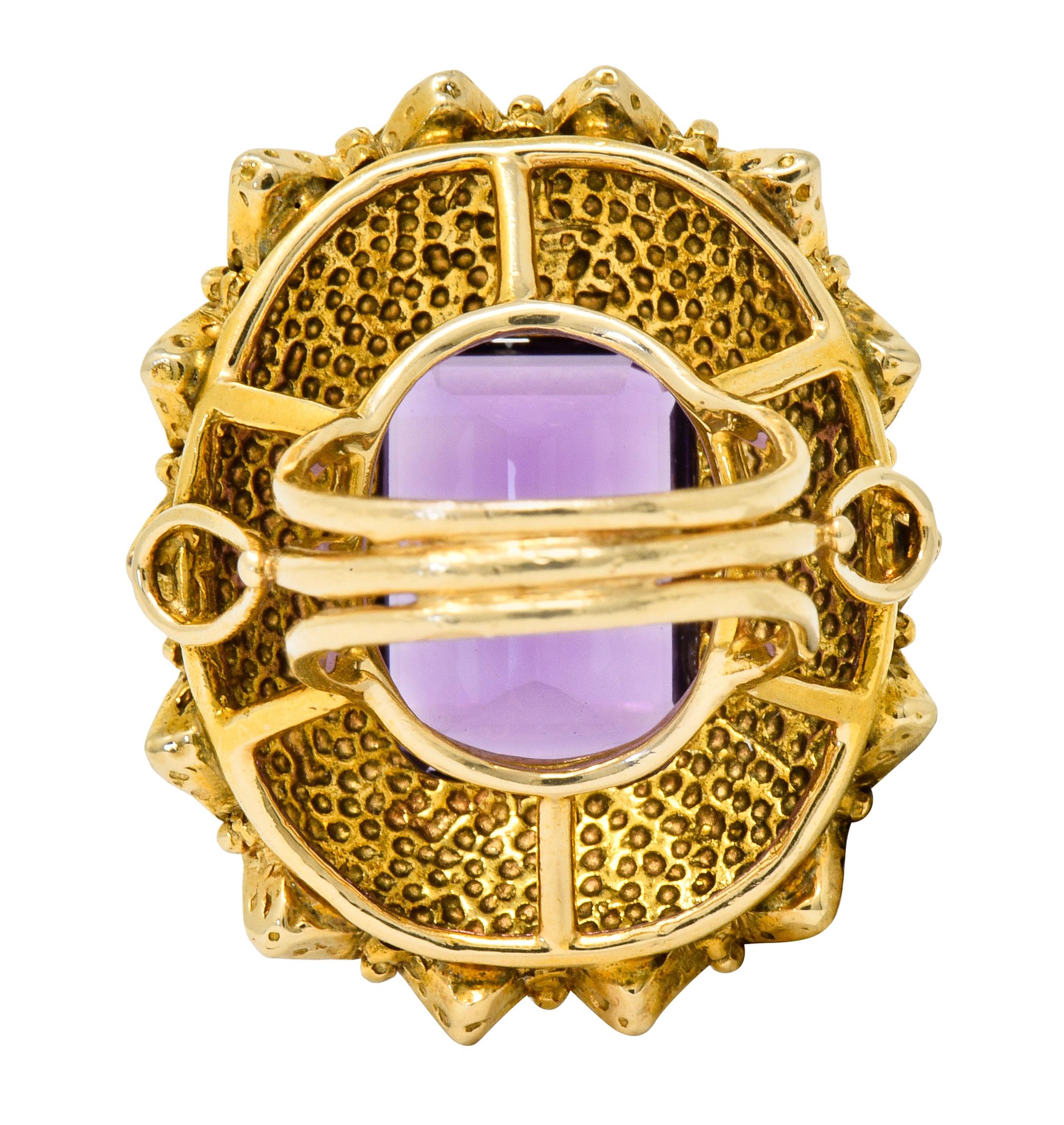 Vintage 13.64 Carat Emerald Cut Amethyst 14 Karat Gold Cocktail Ring In Excellent Condition In Philadelphia, PA