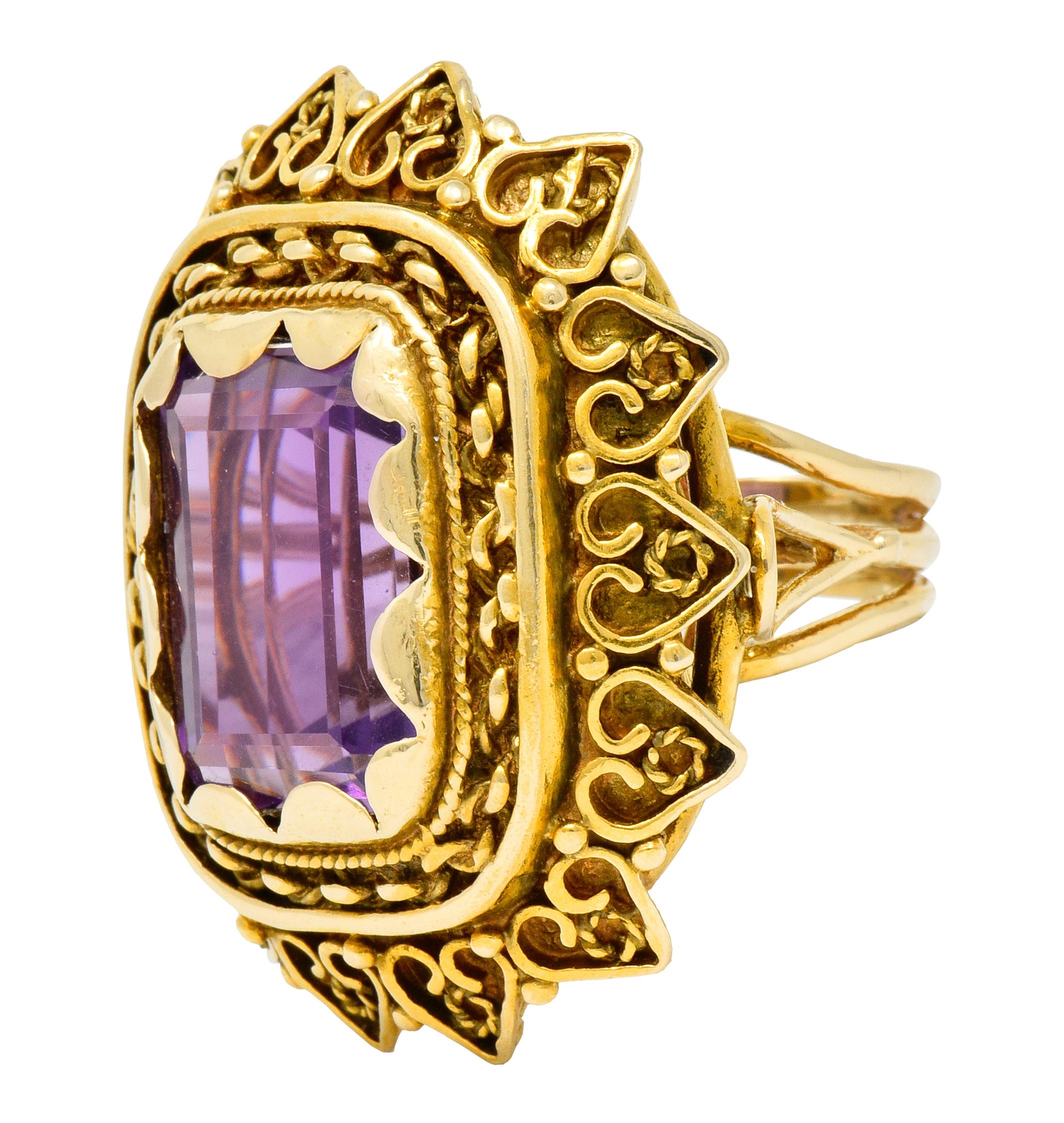 Vintage 13.64 Carat Emerald Cut Amethyst 14 Karat Gold Cocktail Ring 1