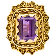 Vintage 13.64 Carat Emerald Cut Amethyst 14 Karat Gold Cocktail Ring