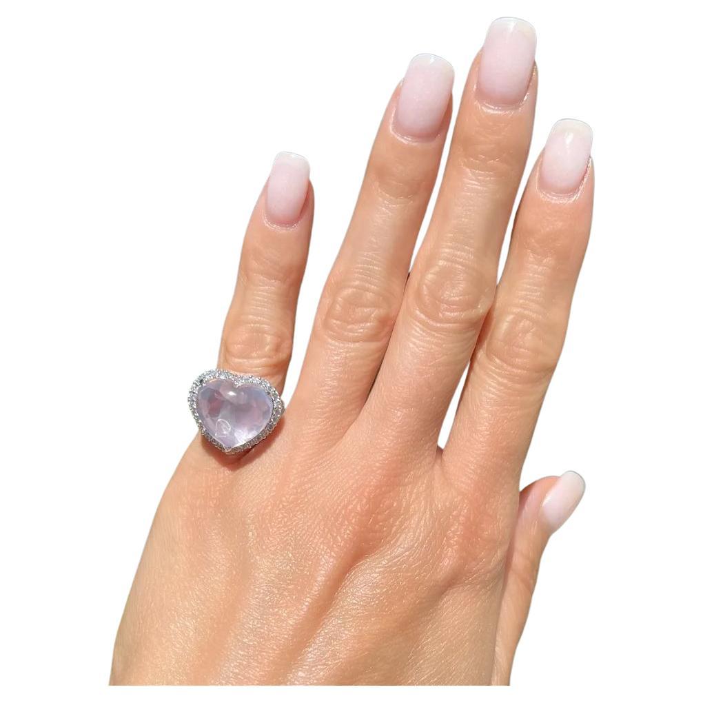 Vintage 13.65 Carat Rose Quartz Heart and Diamond Gold Ring For Sale