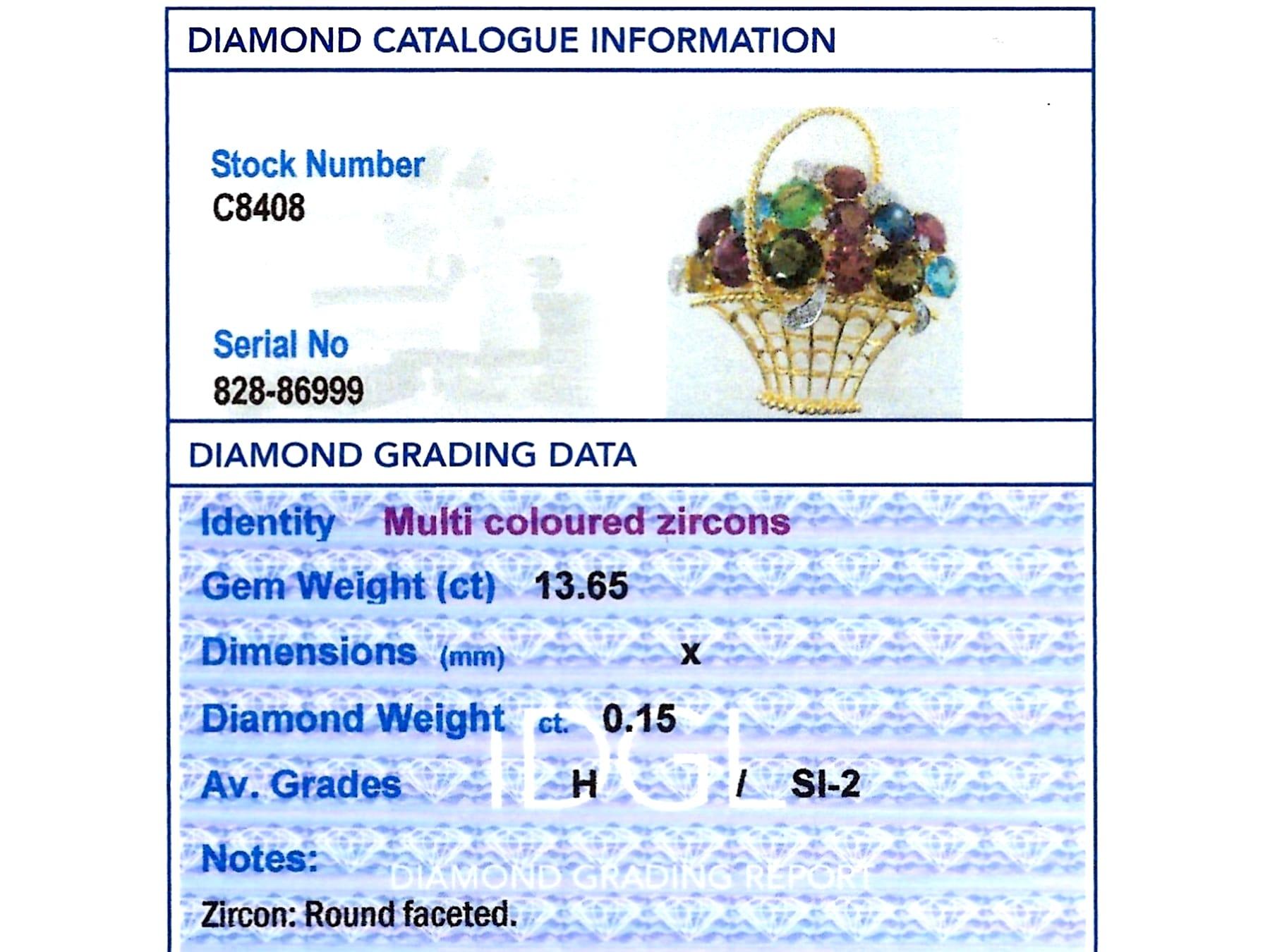 Brosche aus 18 Karat Gelbgold mit 13,65 Karat Zirkon und 0,15 Karat Diamant 1989 im Angebot 5