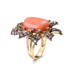 Vintage 13.65cts Coral & Diamond Ring in 18 Karat Yellow Rhodium Black Gold