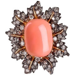 Vintage 13.65cts Coral & Diamond Ring in 18 Karat Yellow Rhodium Black Gold