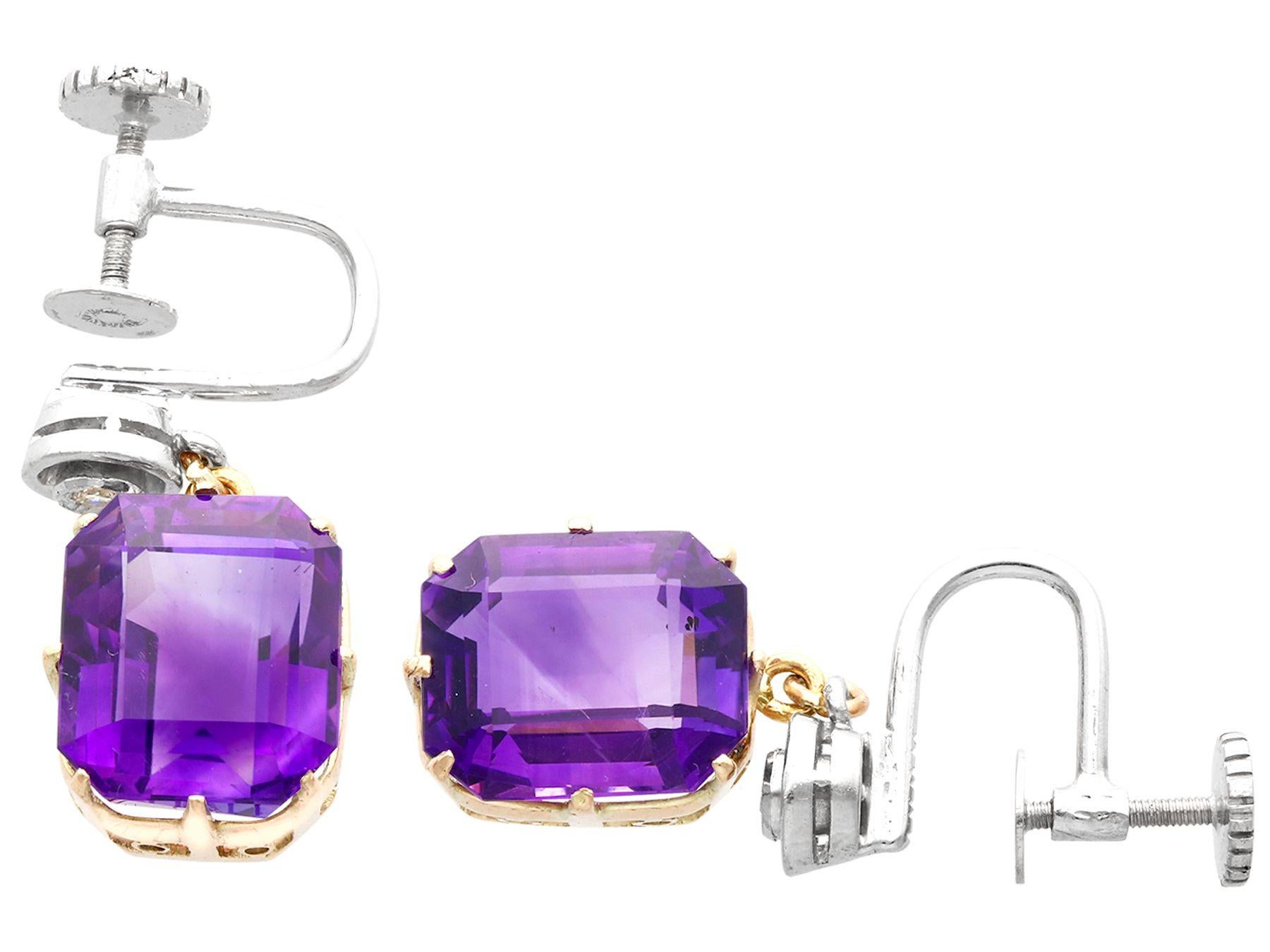 Emerald Cut Vintage 13.68Ct Amethyst Diamond and White Gold Drop Earrings Circa 1940