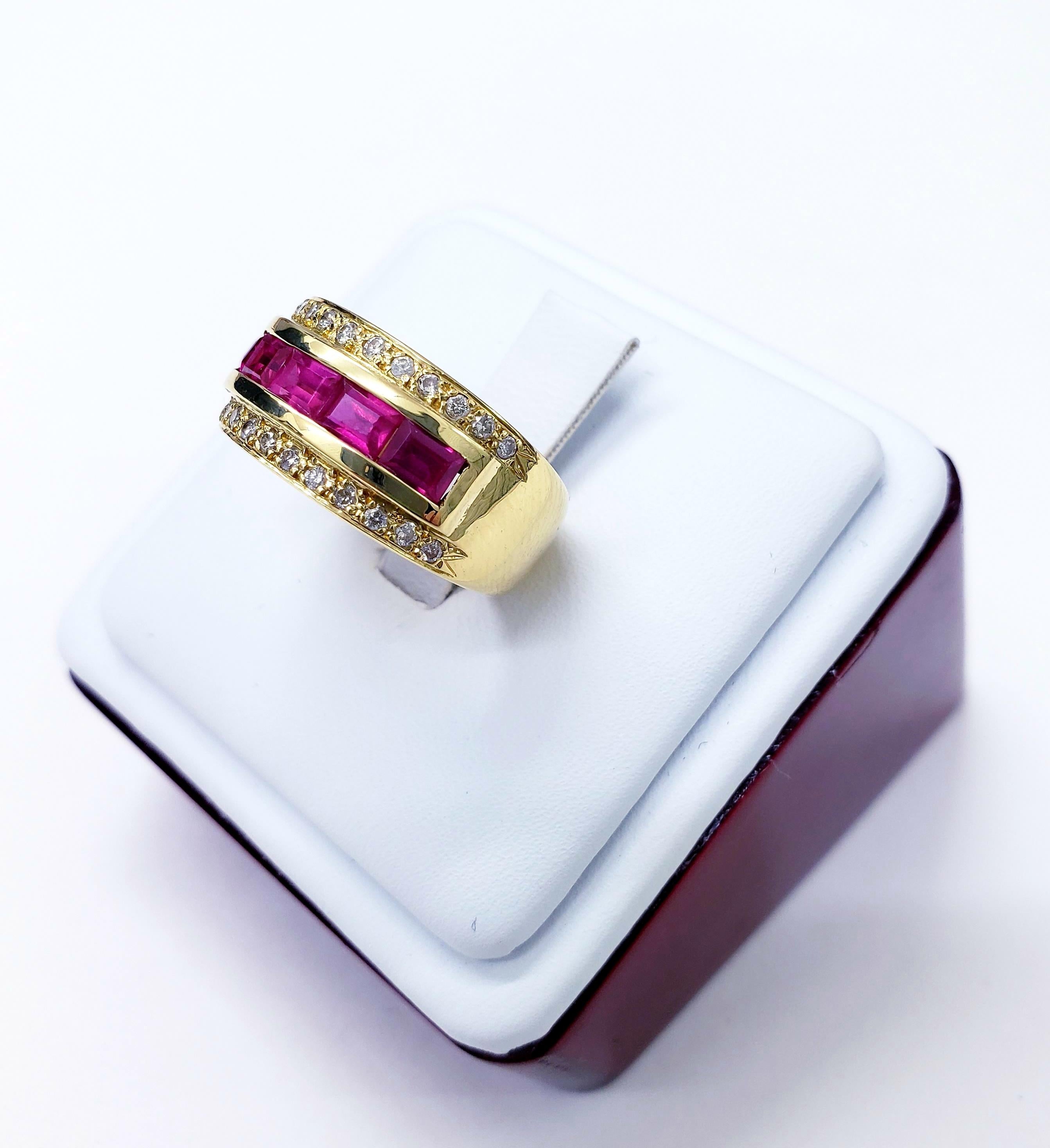 Vintage Ruby & Diamond Band Ring
The ruby stones are channel set and give it a very luxurious look.
Diamonds total carat approx weight 0.36
Ruby total carat approx weight 1.00
Size 6.5
Circa 1970's
