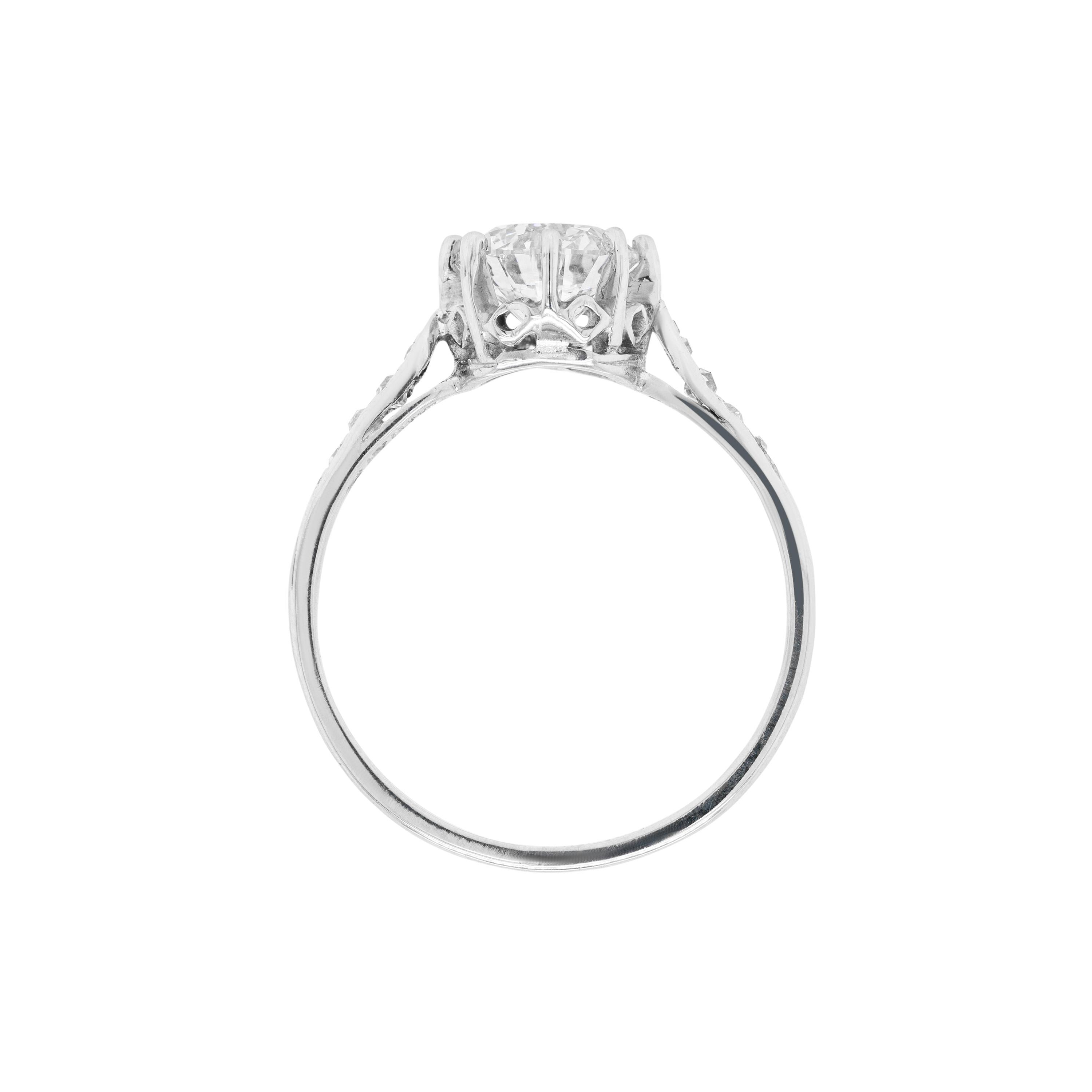Brilliant Cut Vintage 1.37 Carat Old Cut Diamond Platinum Engagement Ring, circa 1950s For Sale