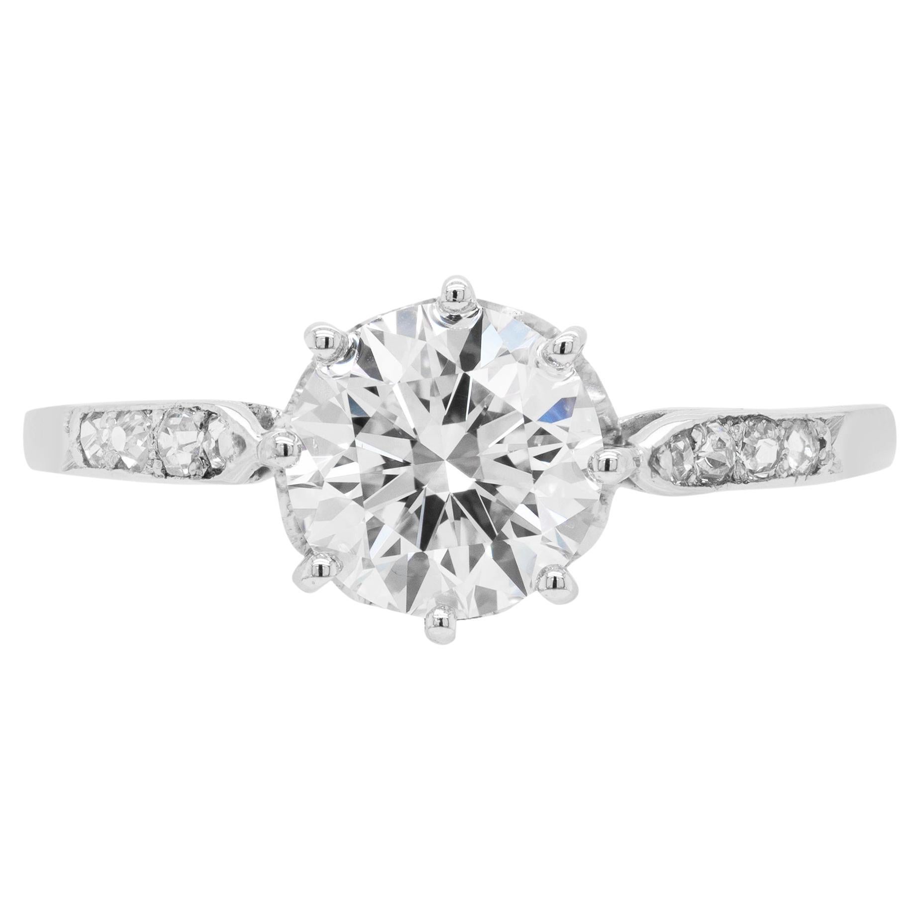Vintage 1.37 Carat Old Cut Diamond Platinum Engagement Ring, circa 1950s For Sale