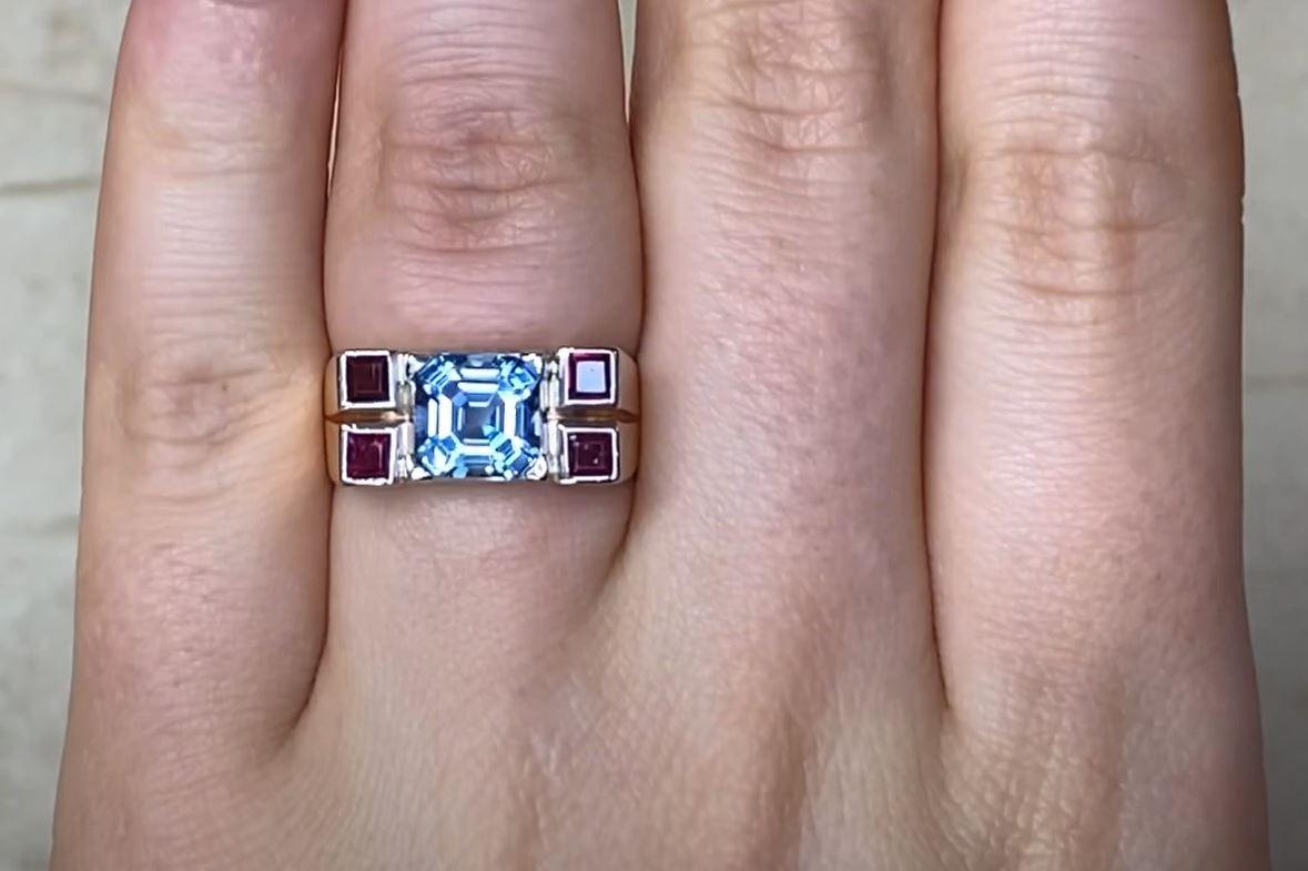 Vintage 1.37ct Asscher Cut Natural Aquamarine Cocktail Ring, 14k Rose Gold In Excellent Condition In New York, NY