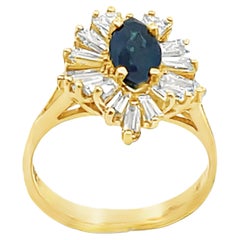 Anillo vintage de zafiro marquesa de 1,38 quilates con halo de diamantes baguette de 1,35 quilates