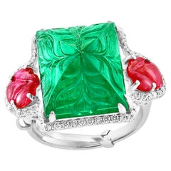 Vintage 13.82 Ct Natural Carved Emerald , 1.47Ct Carved Ruby & Diamond Ring 18KWG