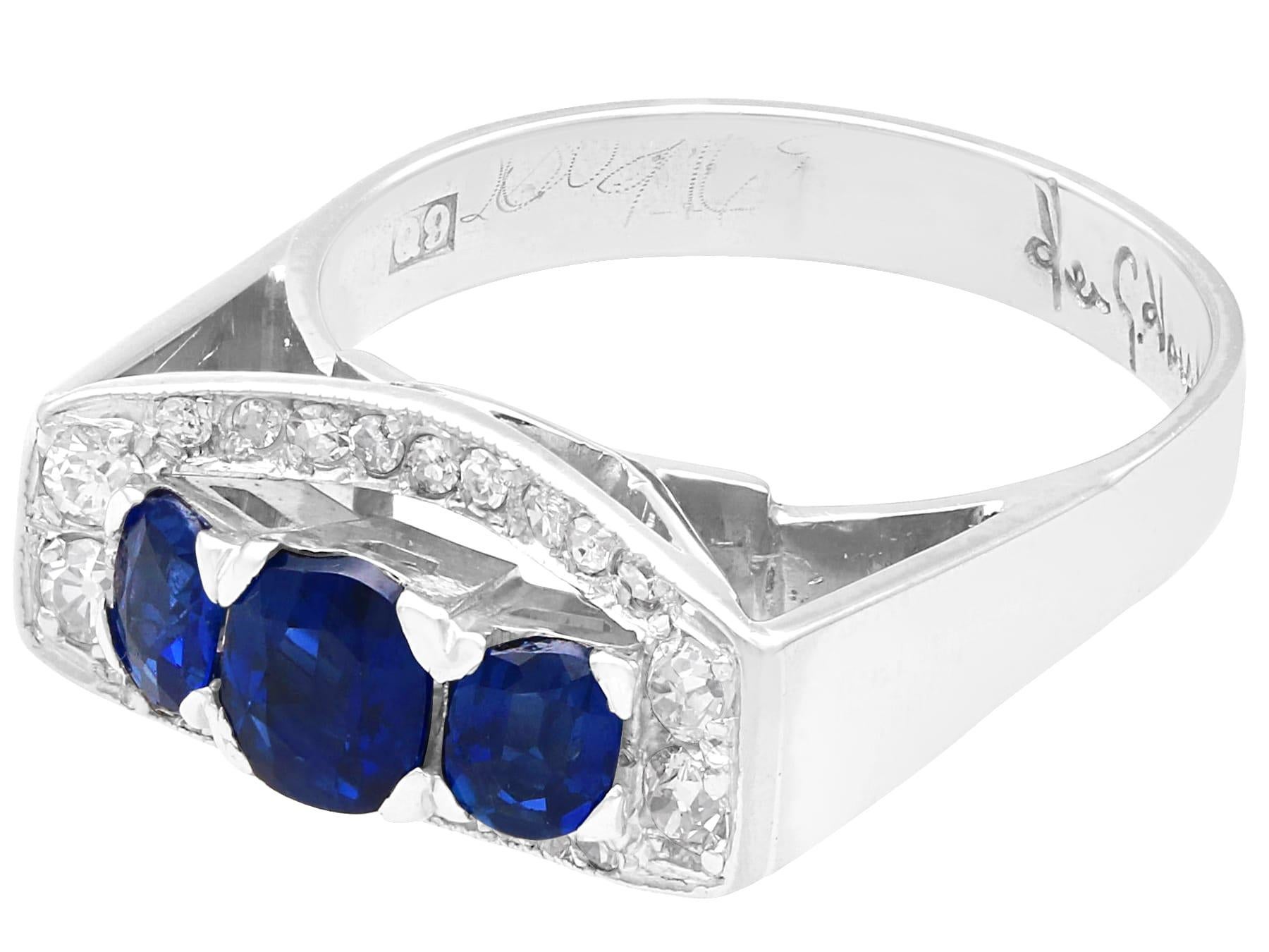 Vintage 1.38Ct Sapphire and 0.25Ct Diamond, 18k White Gold Dress Ring 1966 In Excellent Condition For Sale In Jesmond, Newcastle Upon Tyne