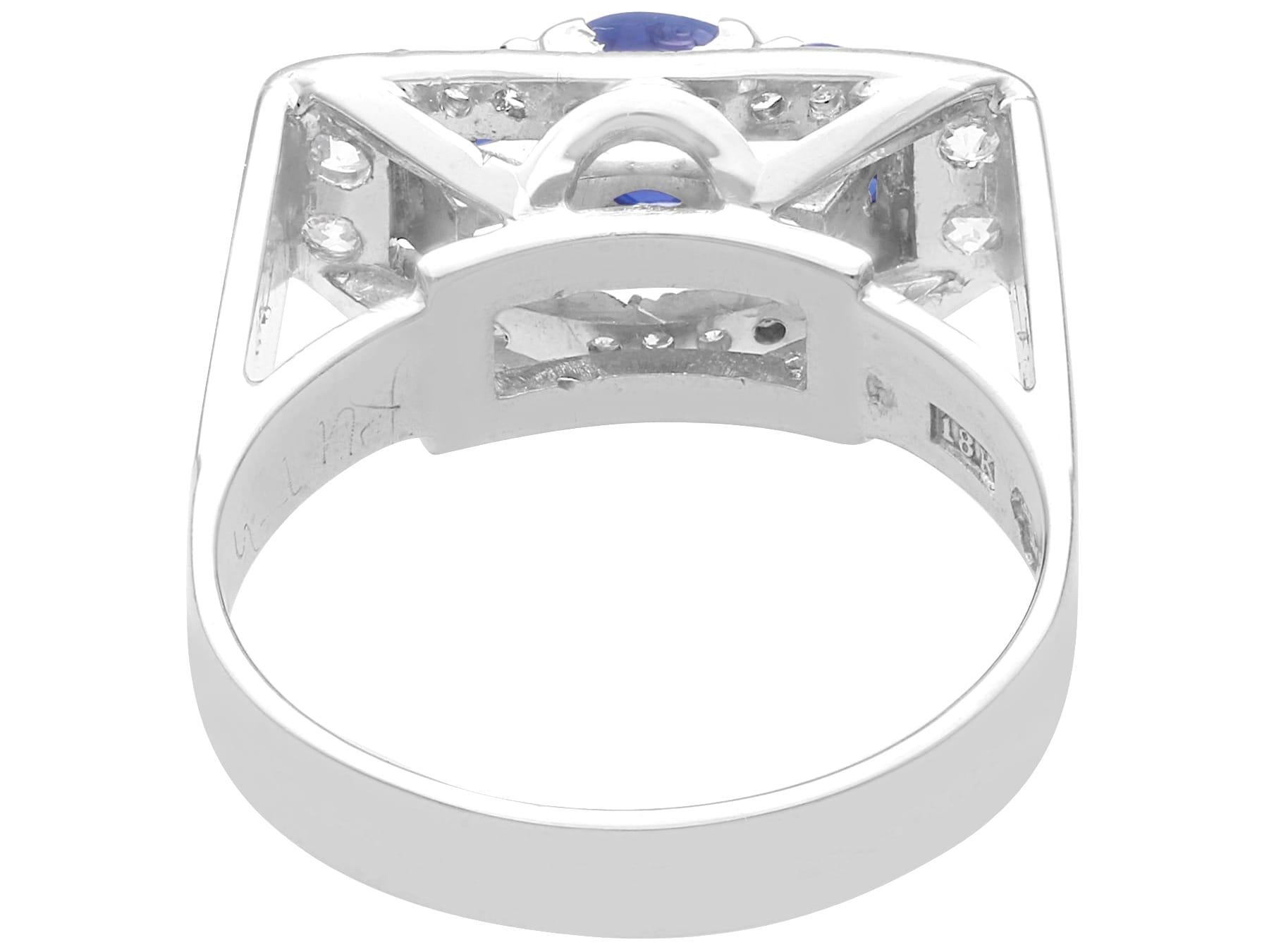 Women's or Men's Vintage 1.38Ct Sapphire and 0.25Ct Diamond, 18k White Gold Dress Ring 1966 For Sale
