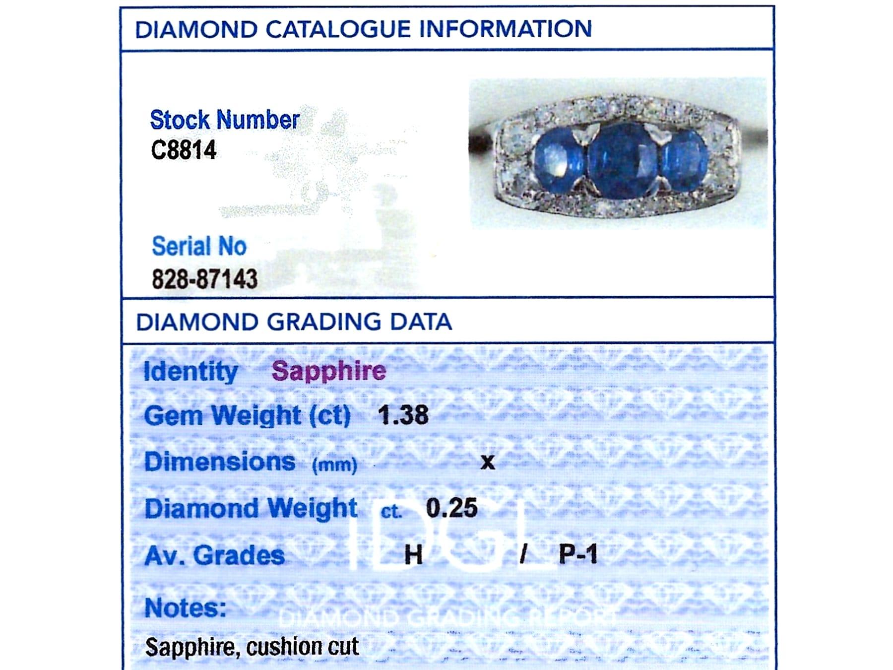 Vintage 1.38Ct Sapphire and 0.25Ct Diamond, 18k White Gold Dress Ring 1966 For Sale 4