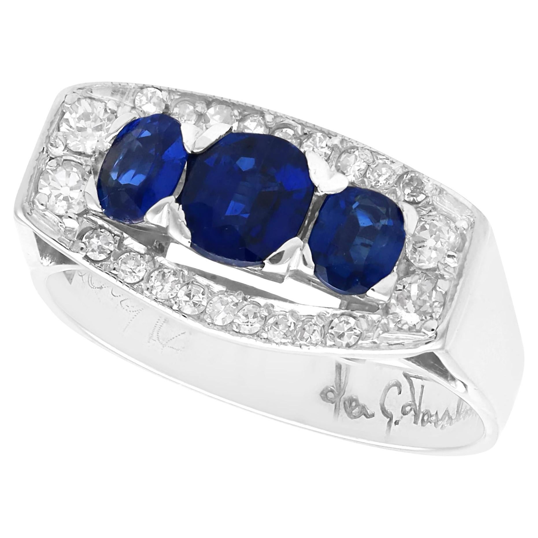 Vintage 1.38Ct Sapphire and 0.25Ct Diamond, 18k White Gold Dress Ring 1966