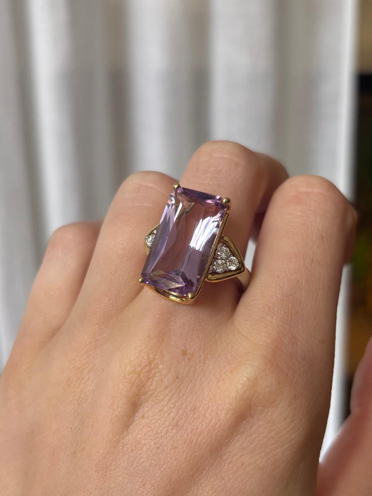 Emerald Cut Vintage 13.90ct Amethyst and Diamond Cocktail Ring in 18k Gold and Platinum For Sale