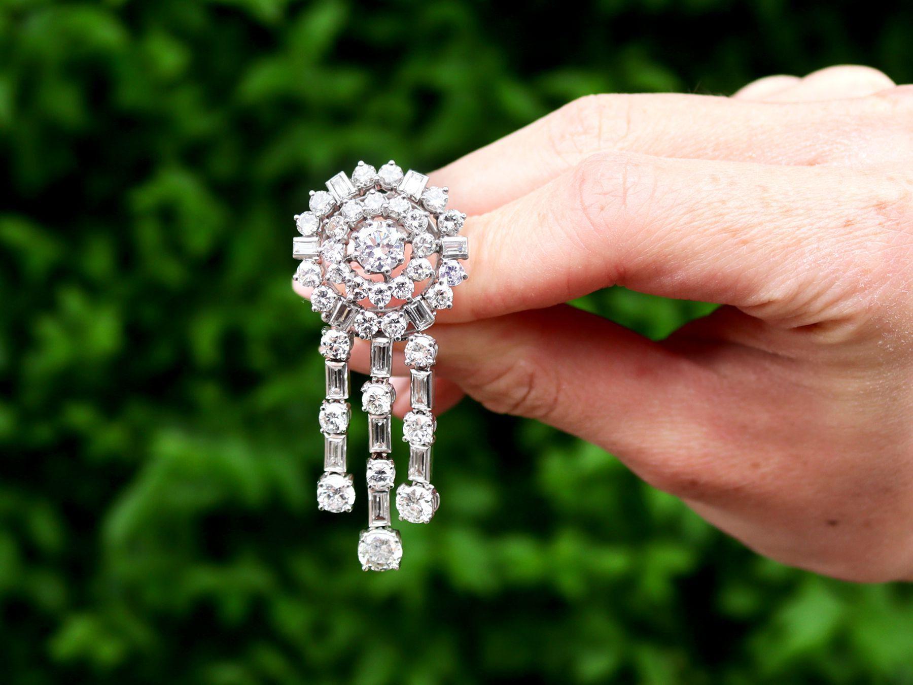 A stunning, fine and impressive pair of vintage 13.96 carat diamond and 18 karat white gold drop earrings; part of our diverse jewelry collections.

These stunning, fine and impressive vintage diamond earrings have been crafted in 18k white gold