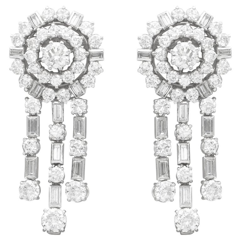 Vintage 13.96 Carat Diamond and White Gold Drop Earrings Circa 1960 For