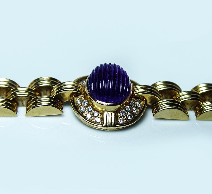 Vintage 13ct Carved Amethyst Diamond Mid Century Bracelet 18K Gold Heavy 48.9gr For Sale 4