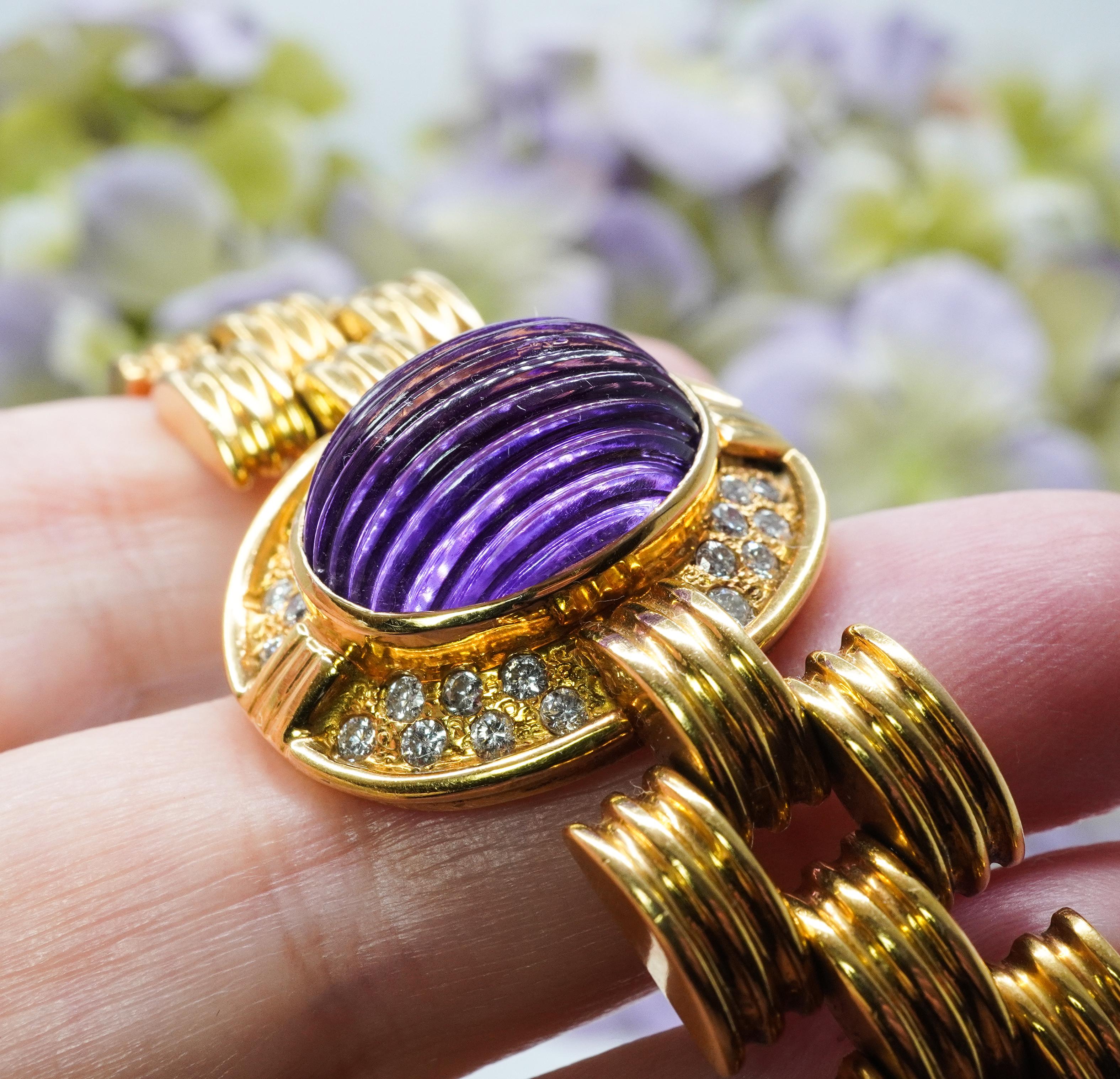 Retro Vintage 13ct Carved Amethyst Diamond Mid Century Bracelet 18K Gold Heavy 48.9gr For Sale