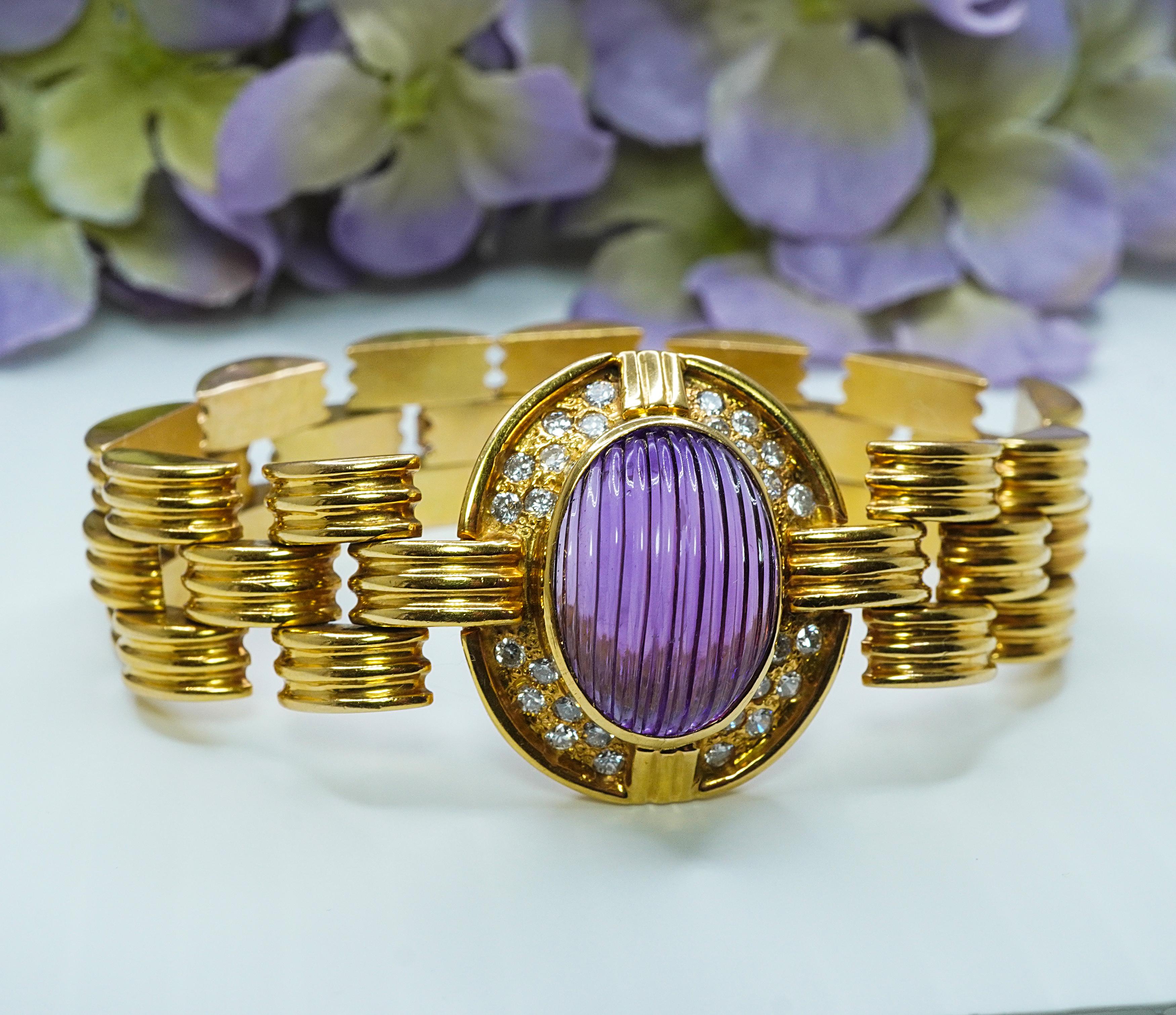 Vintage 13ct Carved Amethyst Diamond Mid Century Bracelet 18K Gold Heavy 48.9gr In Good Condition For Sale In Brambleton, US