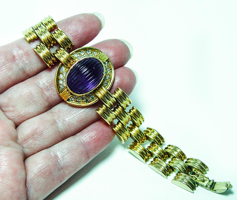 Women's Vintage 13ct Carved Amethyst Diamond Mid Century Bracelet 18K Gold Heavy 48.9gr For Sale