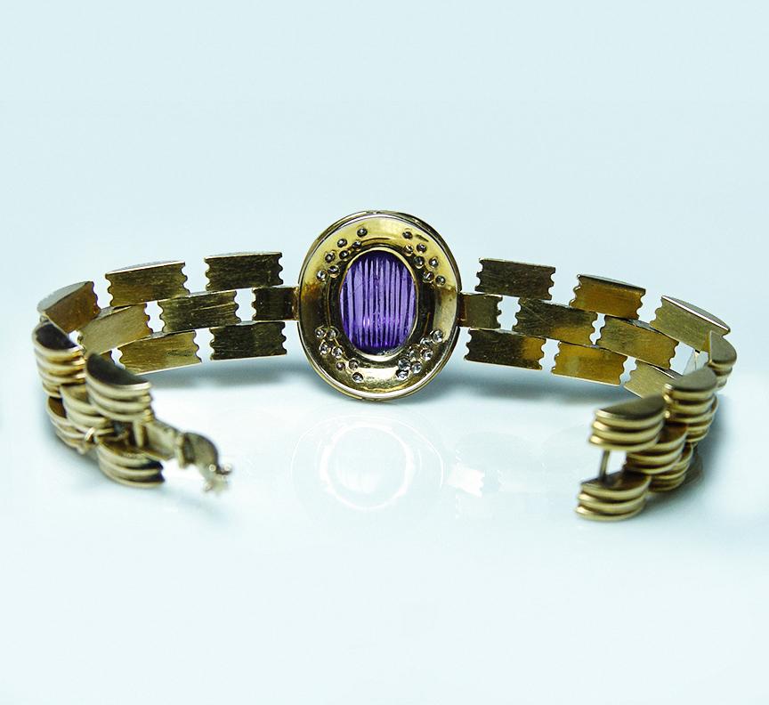 Vintage 13ct Carved Amethyst Diamond Mid Century Bracelet 18K Gold Heavy 48.9gr For Sale 3