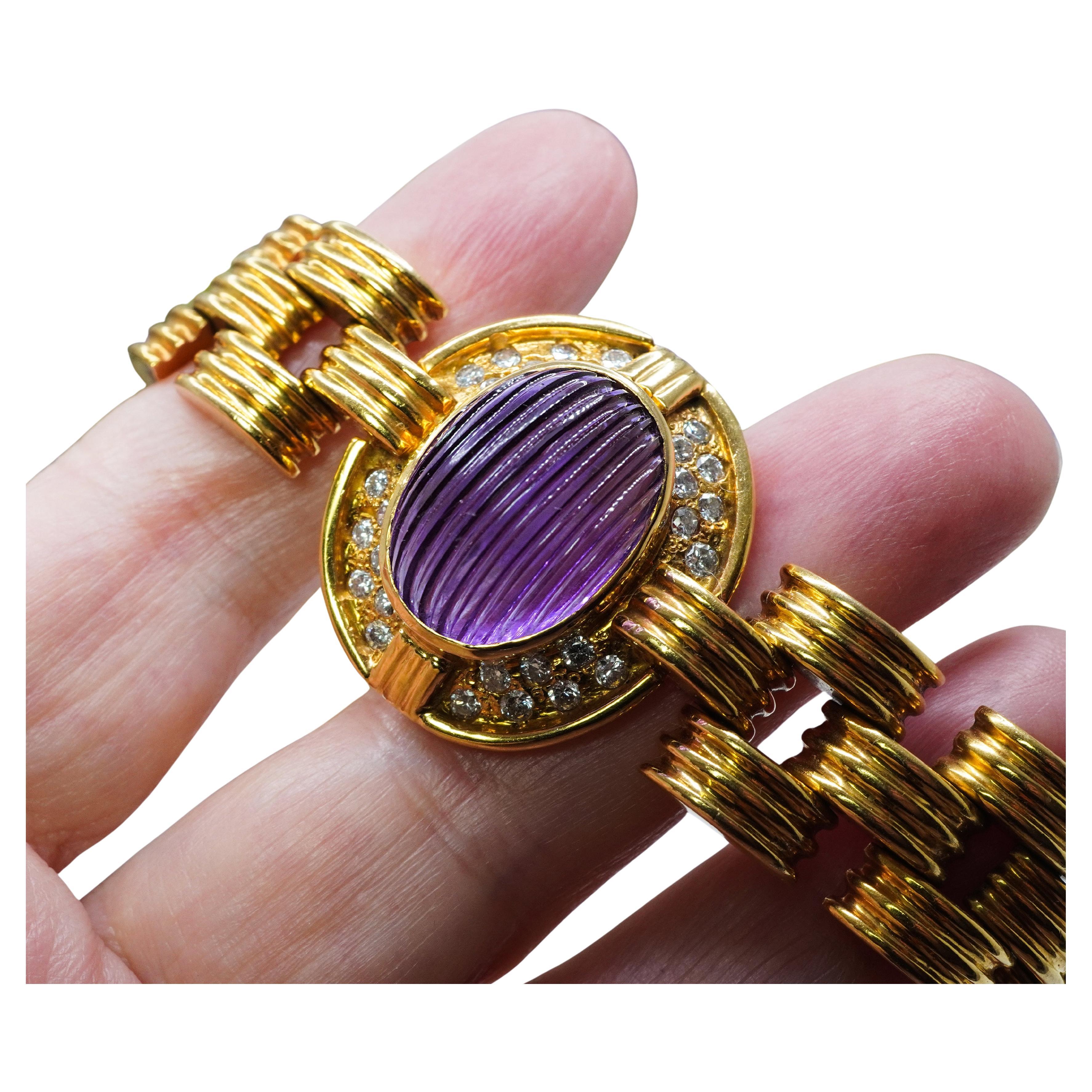 Vintage 13ct Carved Amethyst Diamond Mid Century Bracelet 18K Gold Heavy 48.9gr For Sale