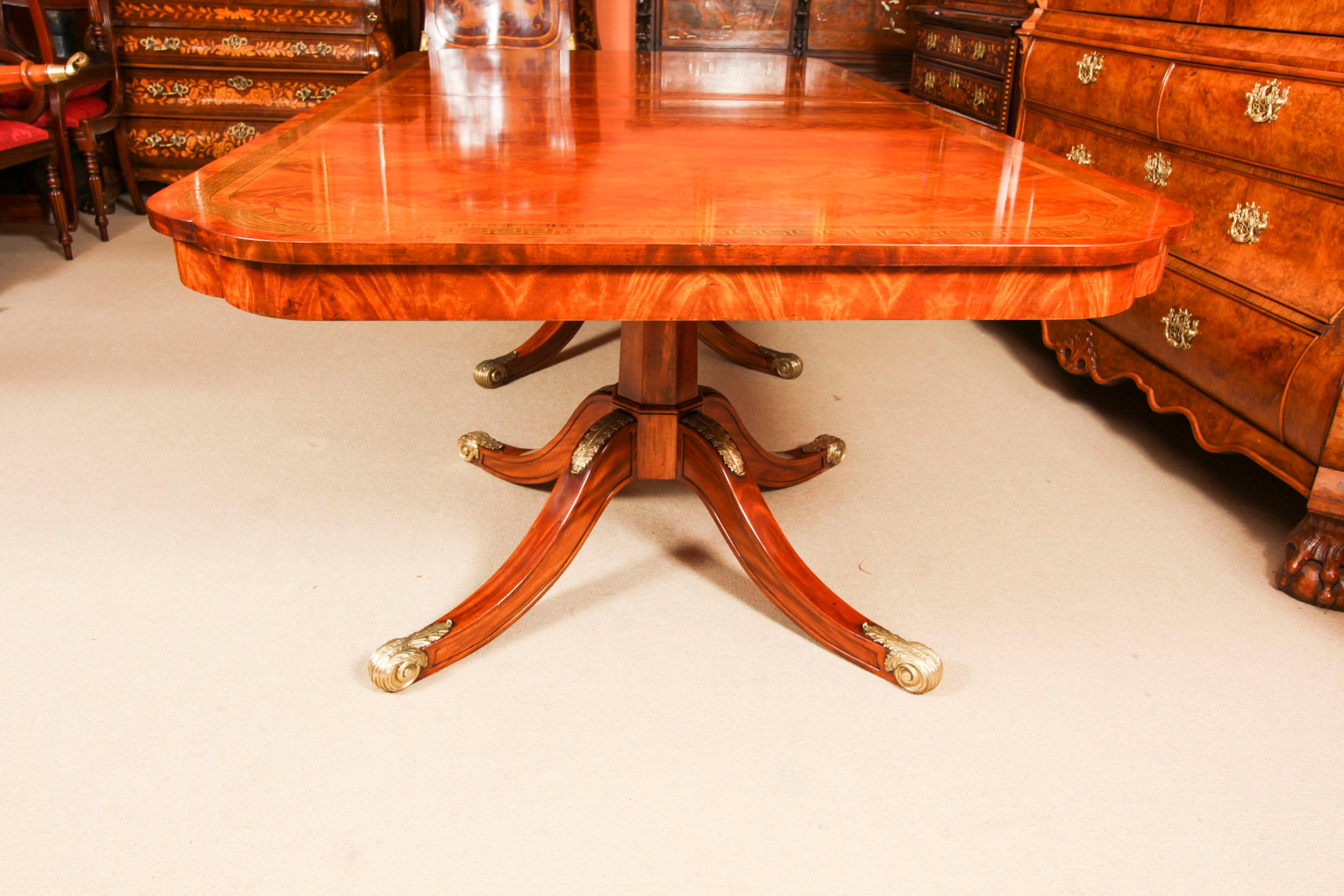 Vintage 13ft Flame Mahogany & Brass Inlaid Twin Pillar Dining Table 20th Century 9