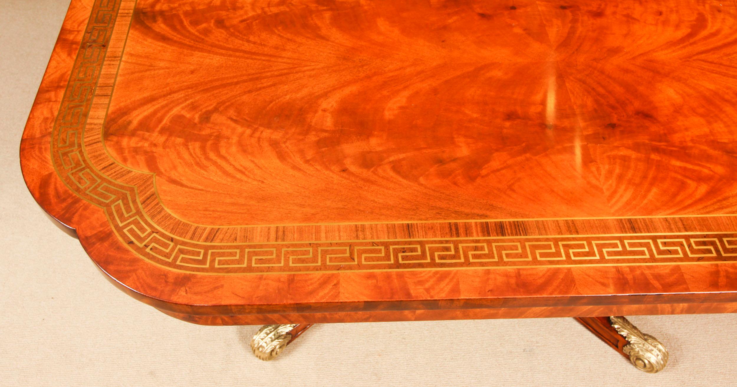Vintage 13ft Flame Mahogany & Brass Inlaid Twin Pillar Dining Table 20th Century For Sale 10