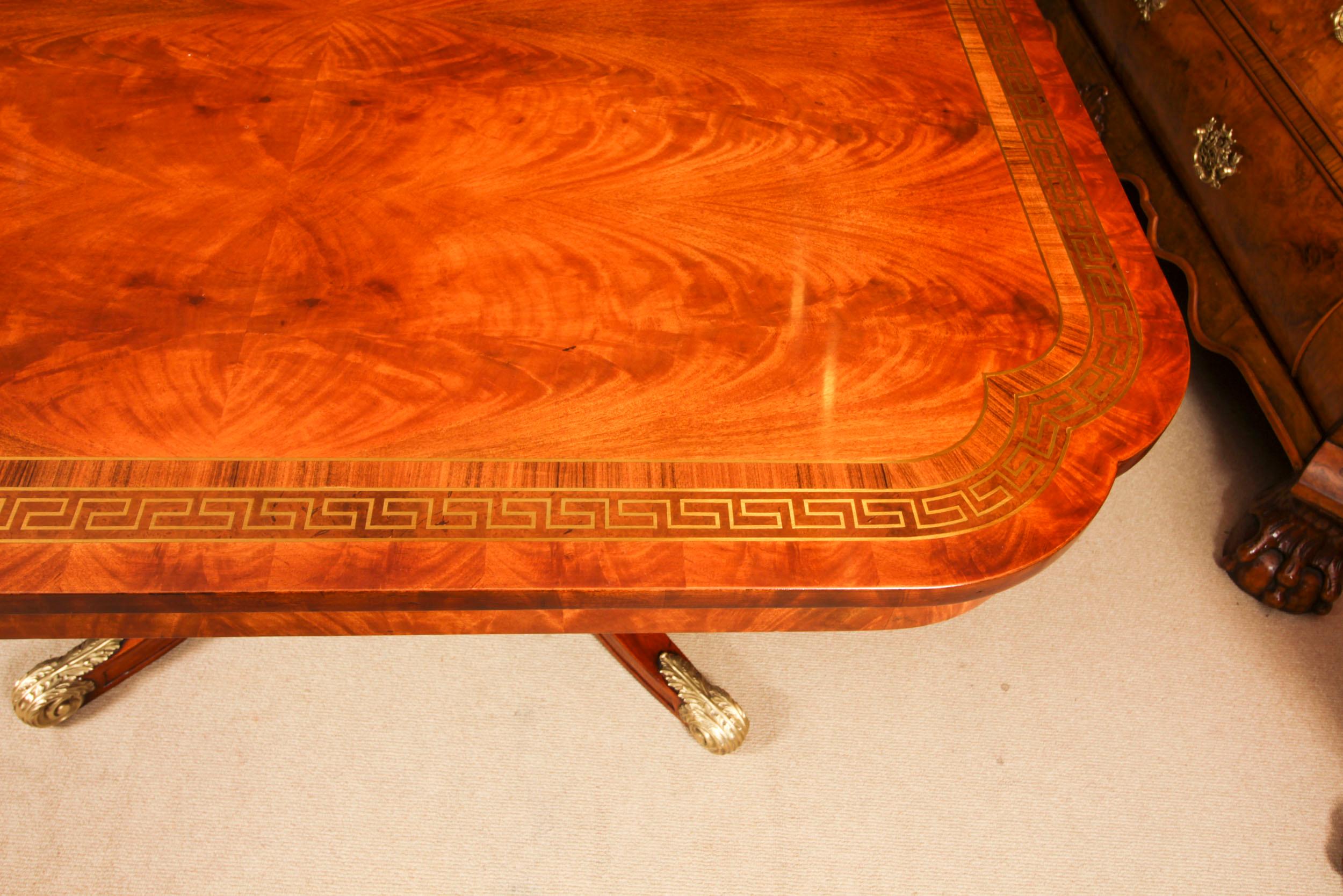 Vintage 13ft Flame Mahogany & Brass Inlaid Twin Pillar Dining Table 20th Century For Sale 11