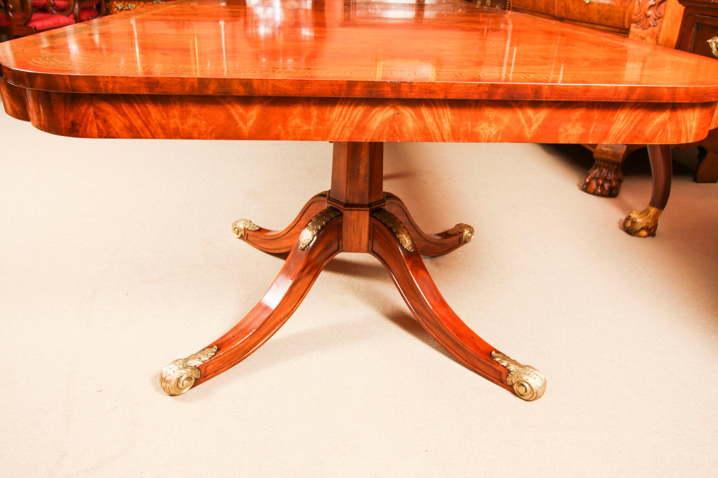 Vintage 13ft Flame Mahogany & Brass Inlaid Twin Pillar Dining Table 20th Century 13