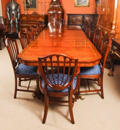 Vintage 13ft Flame Mahogany & Brass Inlaid Twin Pillar Dining Table 20th Century