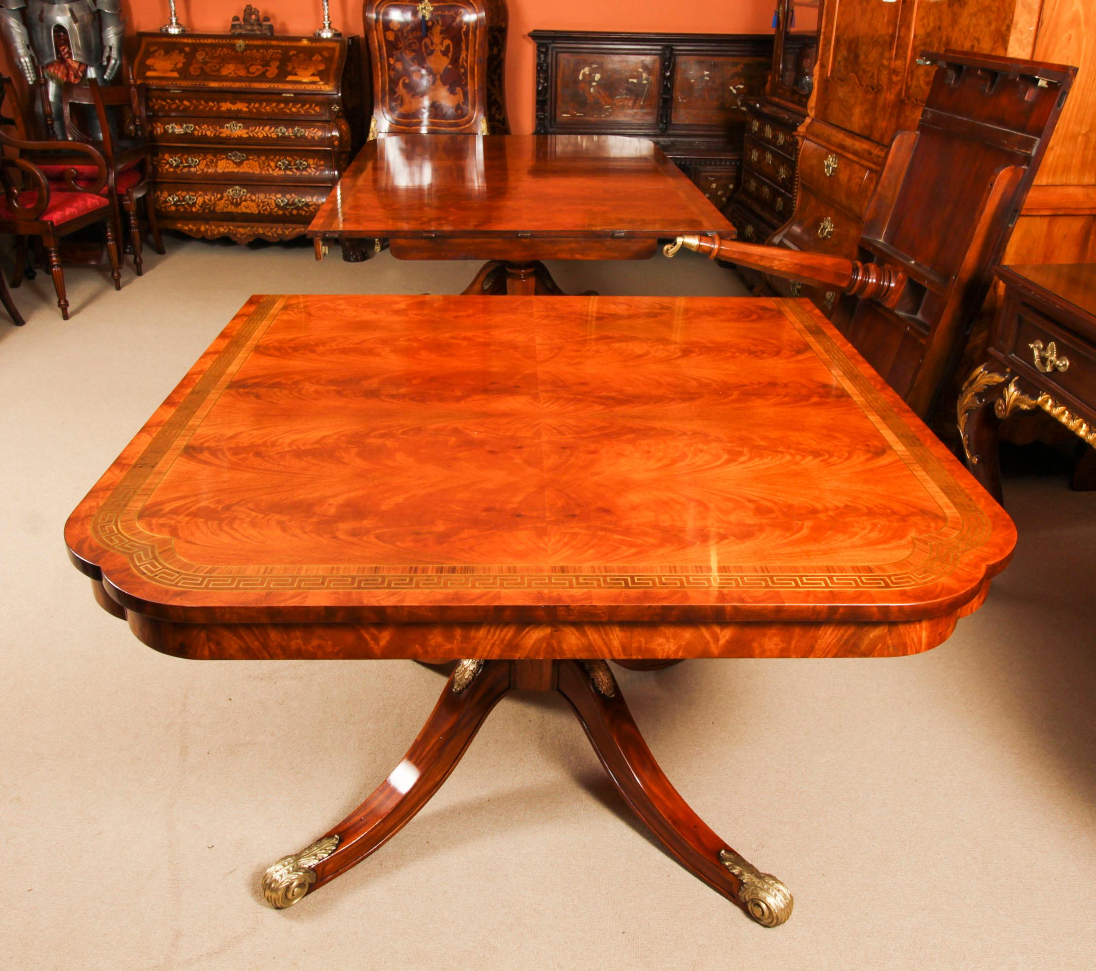 Vintage 13ft Flame Mahogany & Brass Inlaid Twin Pillar Dining Table 20th Century For Sale 1