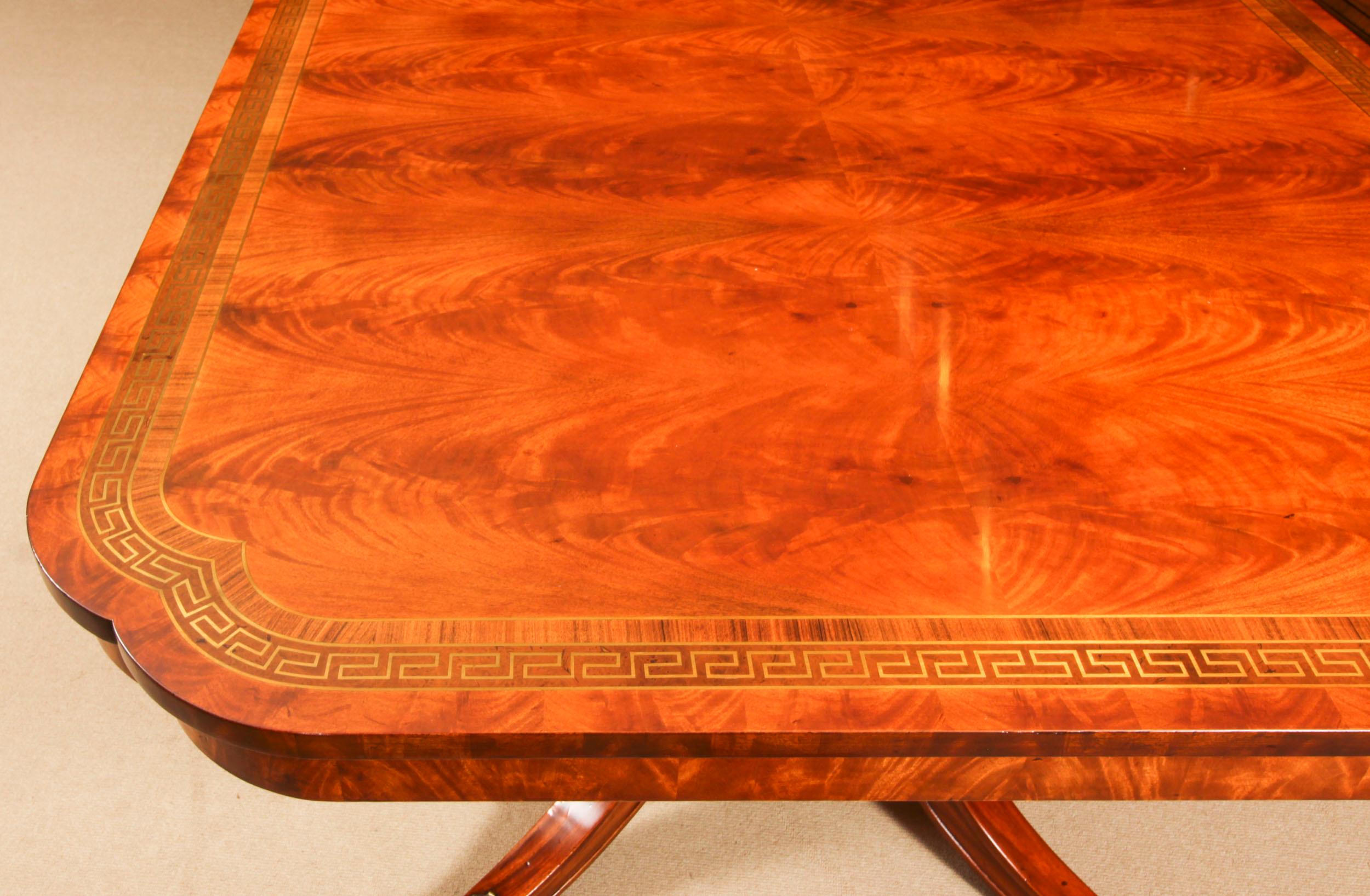 Vintage 13ft Flame Mahogany & Brass Inlaid Twin Pillar Dining Table 20th Century 3