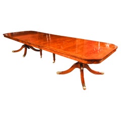 Vintage 13ft Flame Mahogany & Brass Inlaid Twin Pillar Dining Table 20th Century