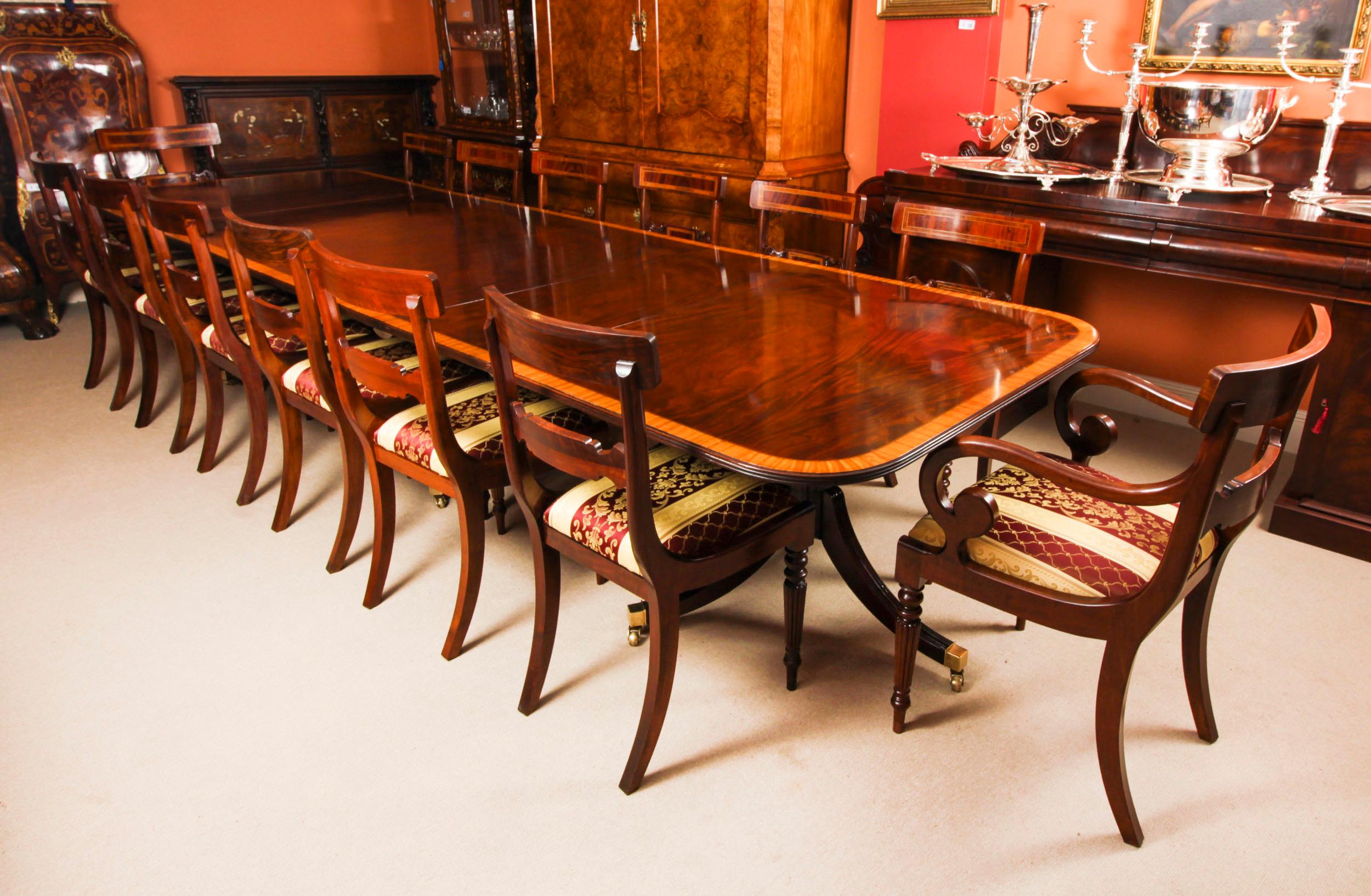 Vintage 13ft Three Pillar Mahogany Dining Table with 14 Chairs 20th C For Sale 14